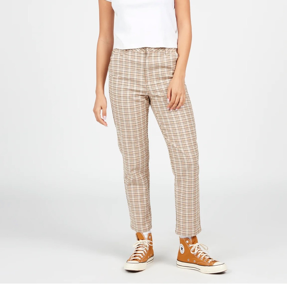 Volcom Womens High Rise Ankle Fit Frochickie Tan Plaid Pants